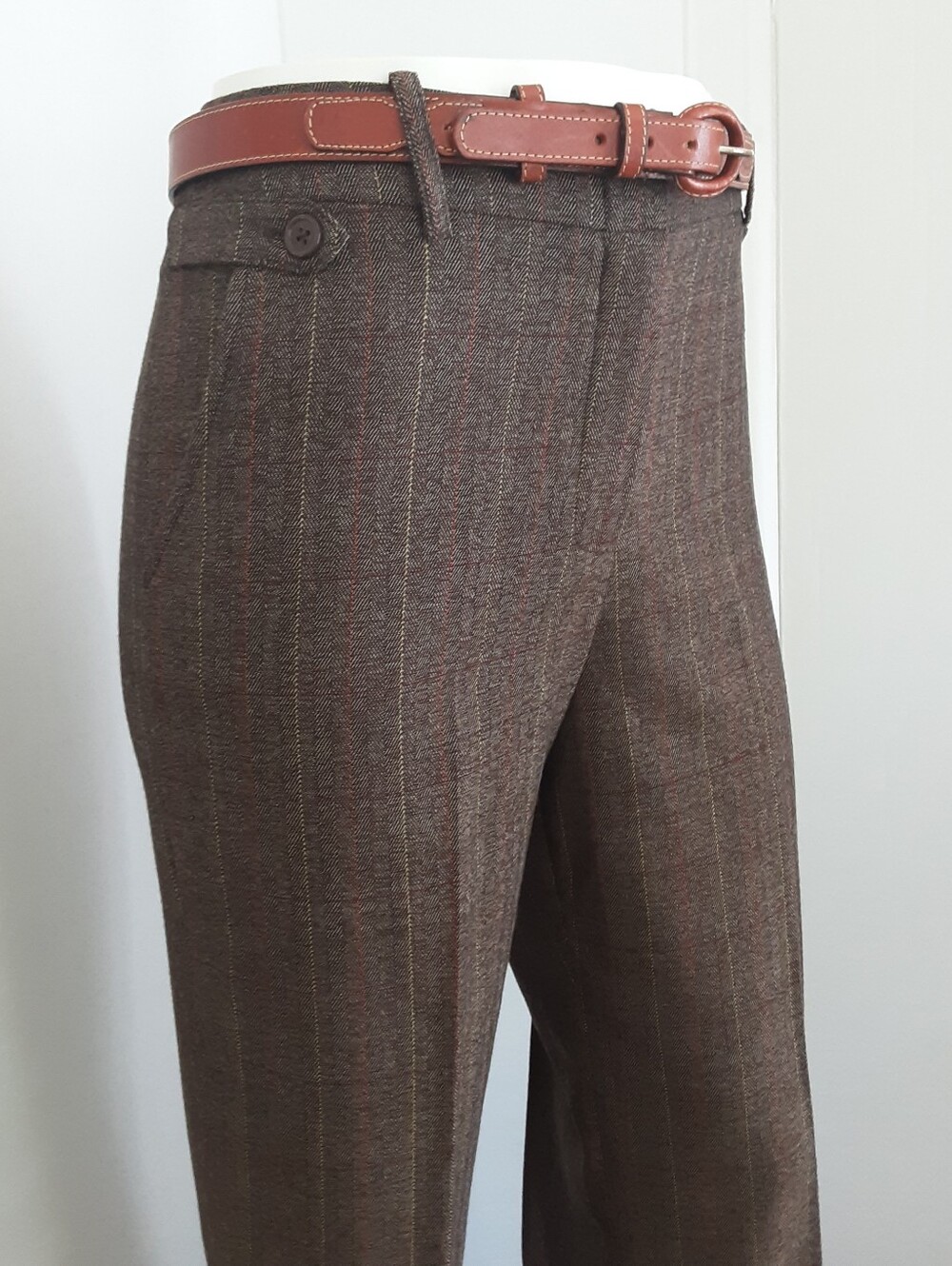 Larry Levine Stretch Brown Orange Pinstripe Tailored Dress Trousers Sz 8